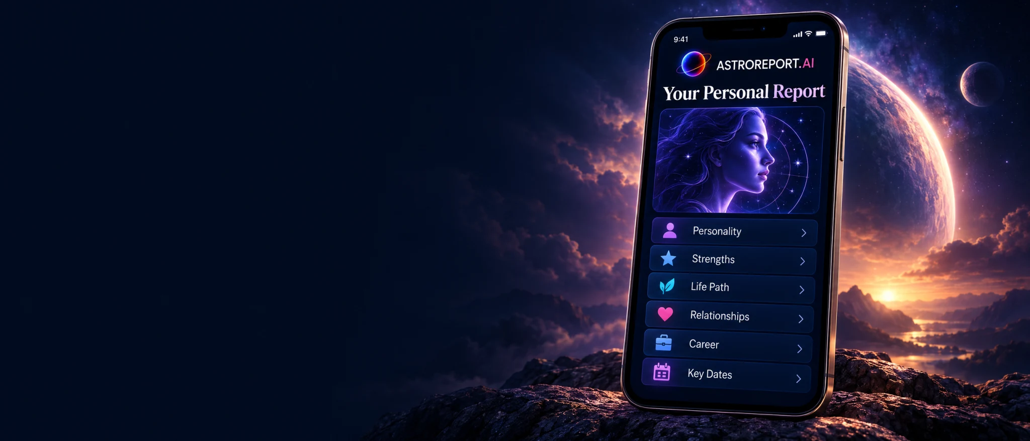 Illustrative AstroReport phone preview showing Personality, Strengths, Life Path, Relationships, Career and Key Dates