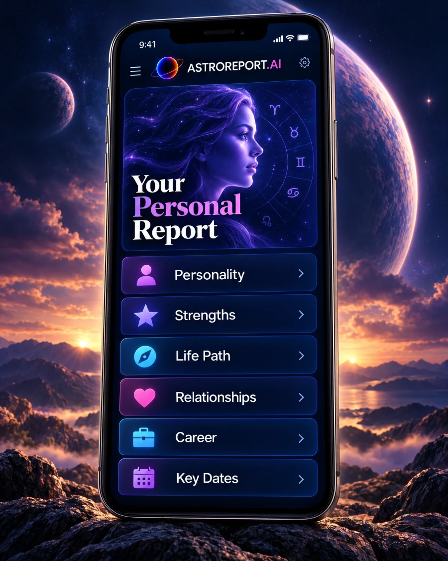 Illustrative AstroReport.ai personal report on a phone, showing personality, strengths and life path