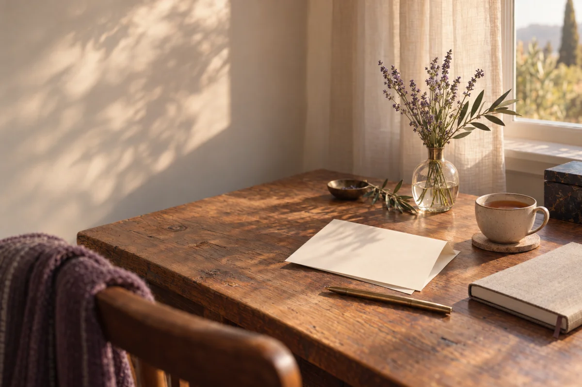 A sunlit writing desk with stationery, tea and lavender
