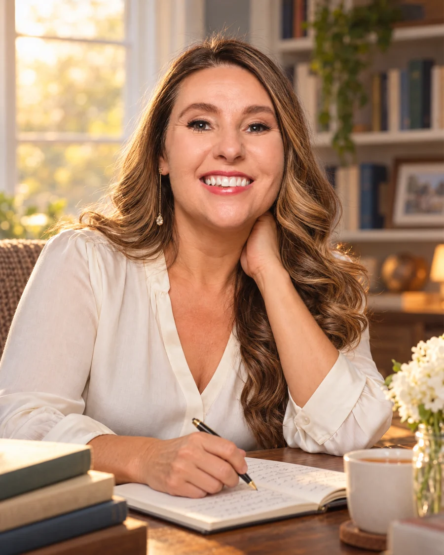 Allison Carmany smiling at a sunlit desk, an open journal in front of her