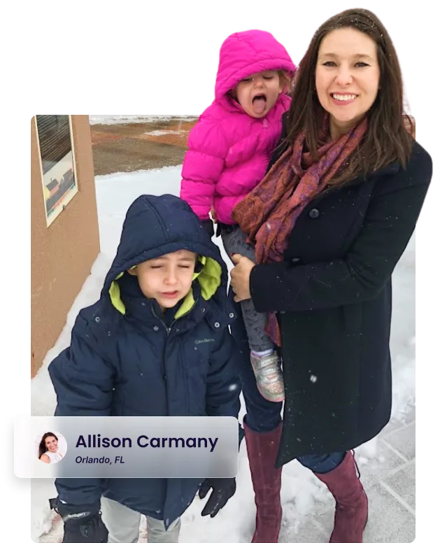 Allison in the snow with her daughter and son