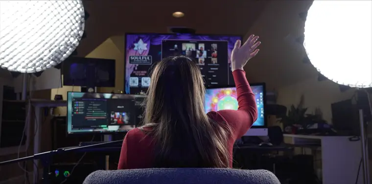 Allison behind the scenes at her broadcast desk